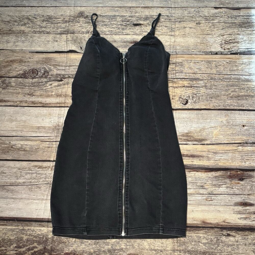 Iris Denim Mini Dress Front Zip Black Women's Size Small